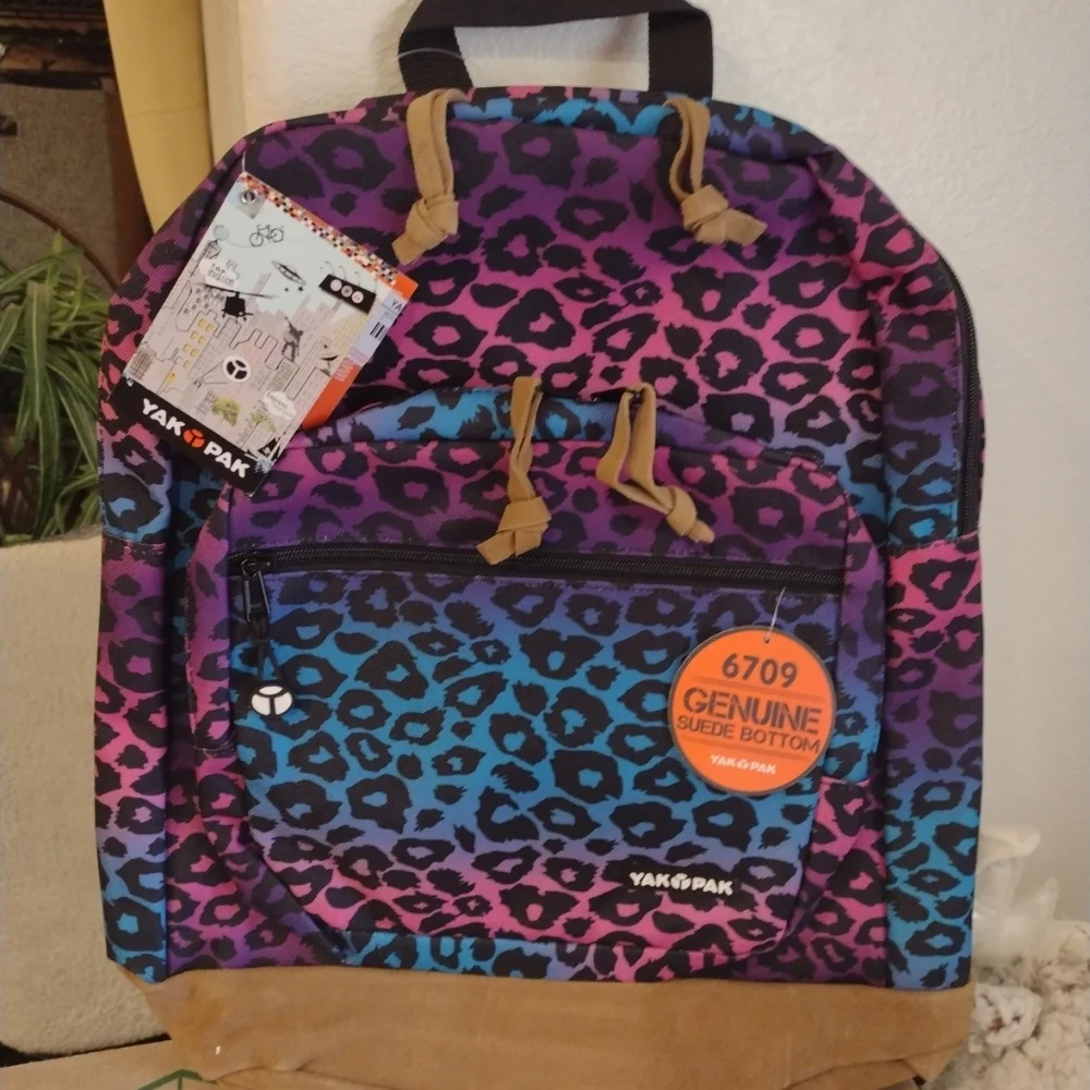 YAKPAK Rainbow Cheetah BACKPACK Suede Bottom Work, School, Hiking, Travel •NEW - Picture 1 of 2